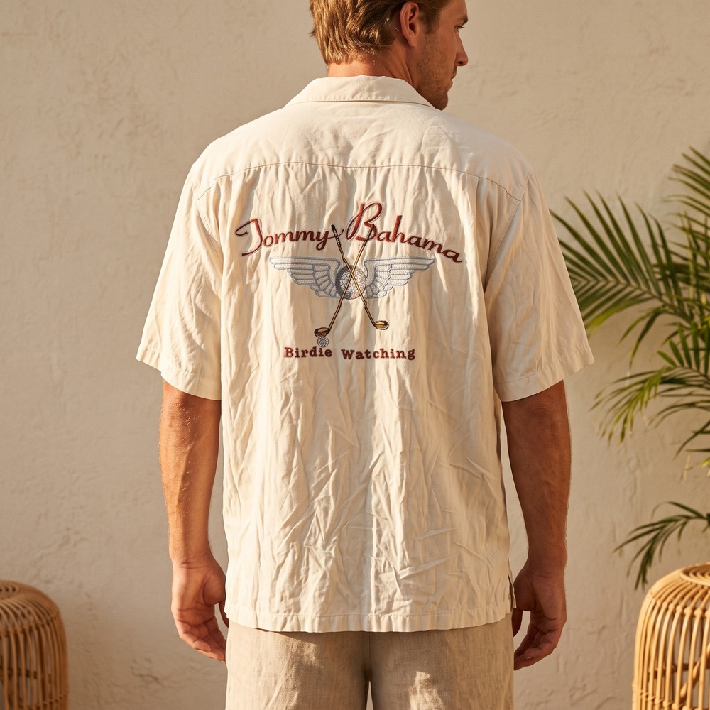 Tommy Bahama Mens Shirt Large Ivory Silk Birdie Watching Embroidered Golfcore